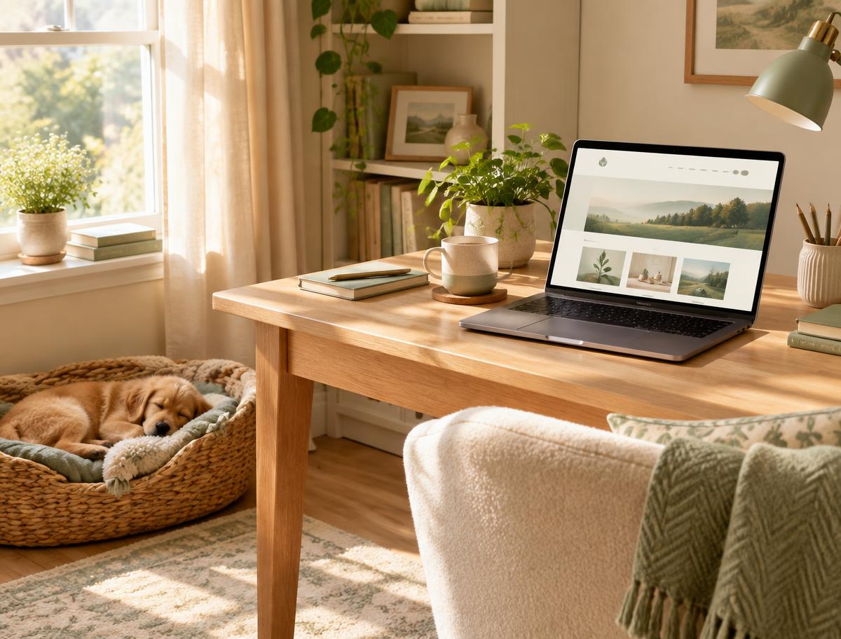A laptop showing a clean breeder website on a sunlit desk
